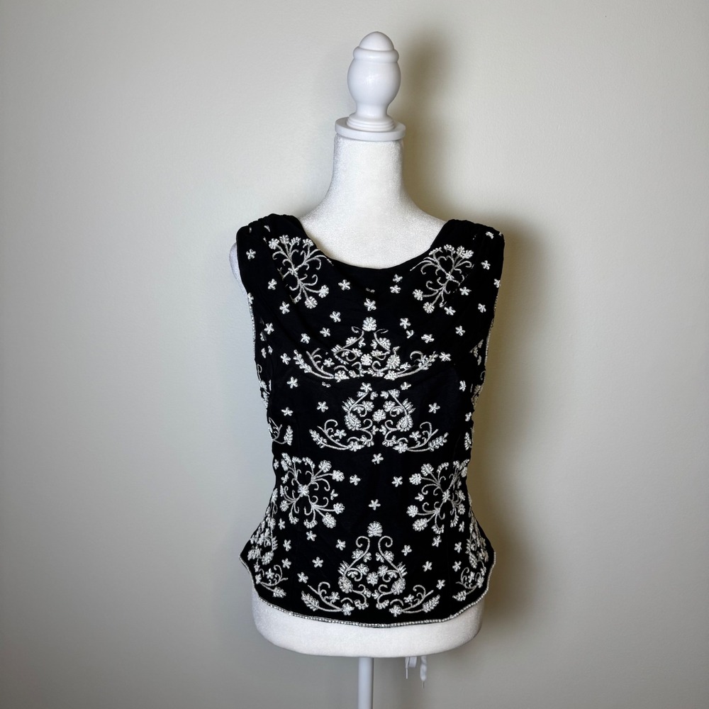 Vintage Andretta Donatello Silk Beaded Embroidered Top Black L Italian